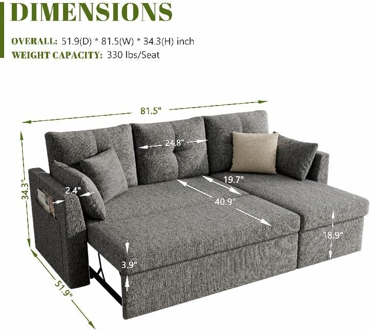 Huatean Home Sleeper Sofa Couch, 2 in 1 Sectional Sleeper Couch Bed with Side Pocket, Pullout Sofa Bed with Storage Chaise for Living Room, Dark Grey