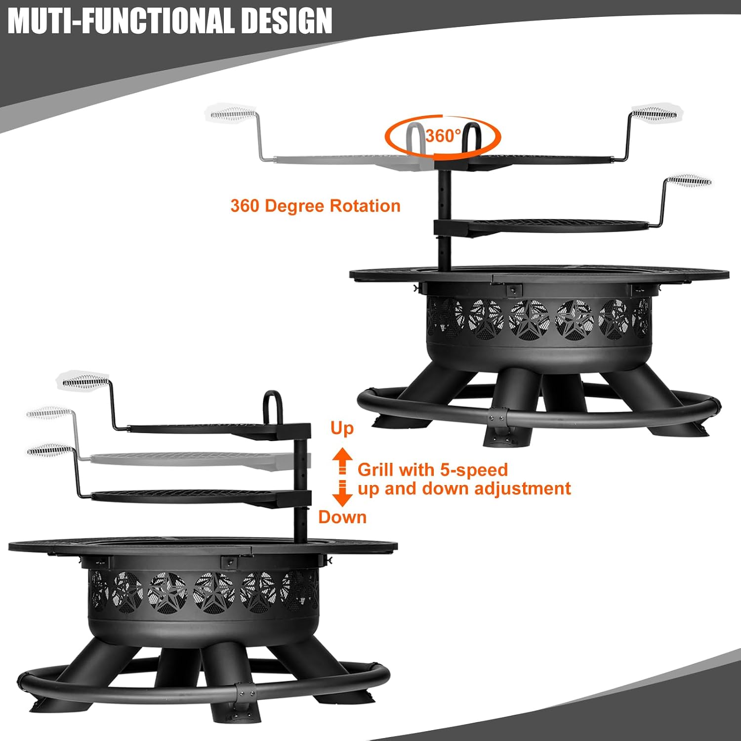 Verdeluxe 47 Inch Outdoor Fire Pit with 2 Grills, Extra Large BBQ Firepits for Outside, Metal Round Fire pits with Lid&Fire Poker,3 in 1 Wood Burning Outdoor Fireplaces for Backyard,Patio,Bonfire