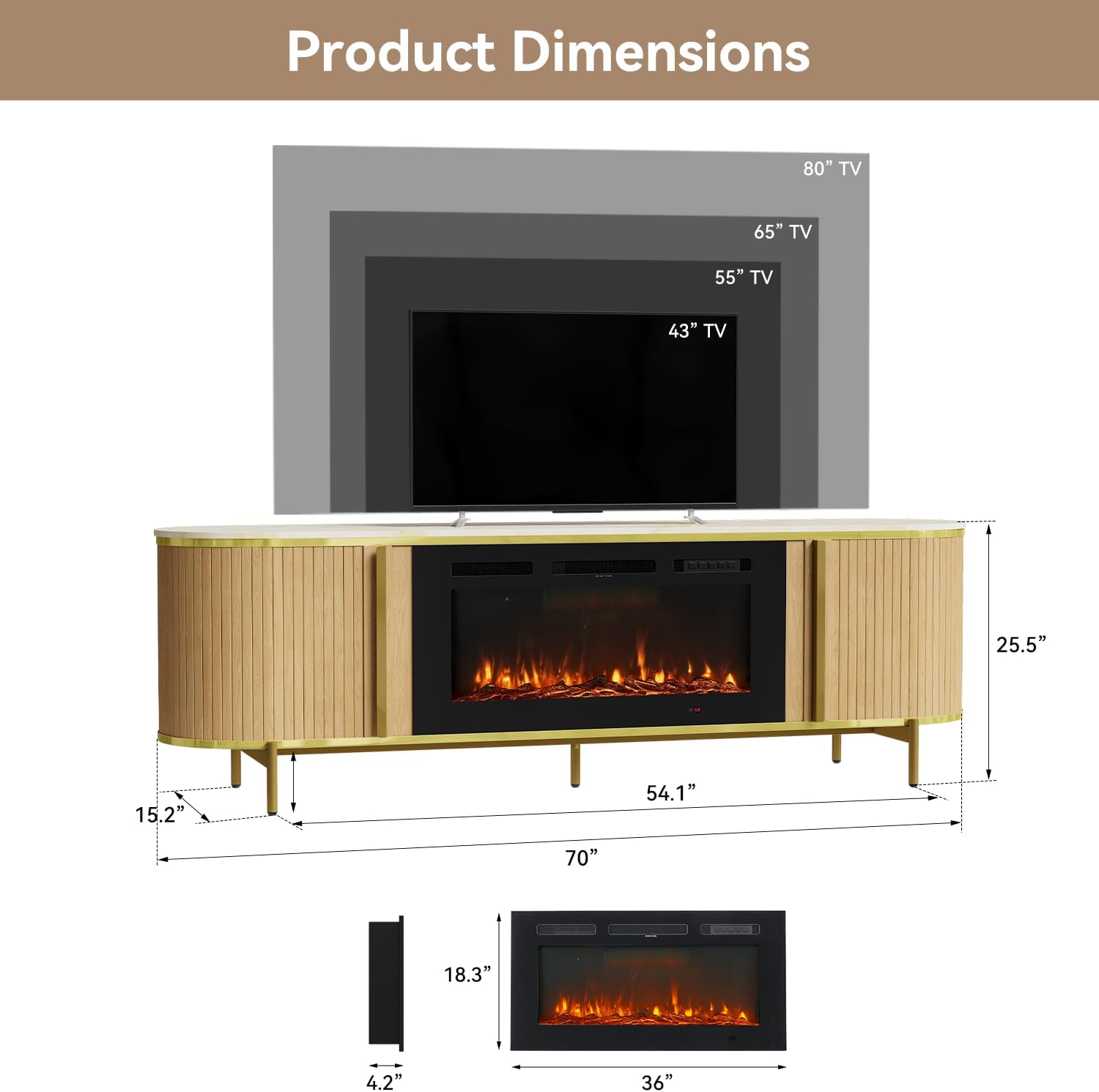 Luxury 70' Fluted TV Stand with Fireplace, Modern Chic Entertainment Center for TVs Up to 80', TV Console for Living Room, Media Cabinet with Storage,70 Inch, Oak