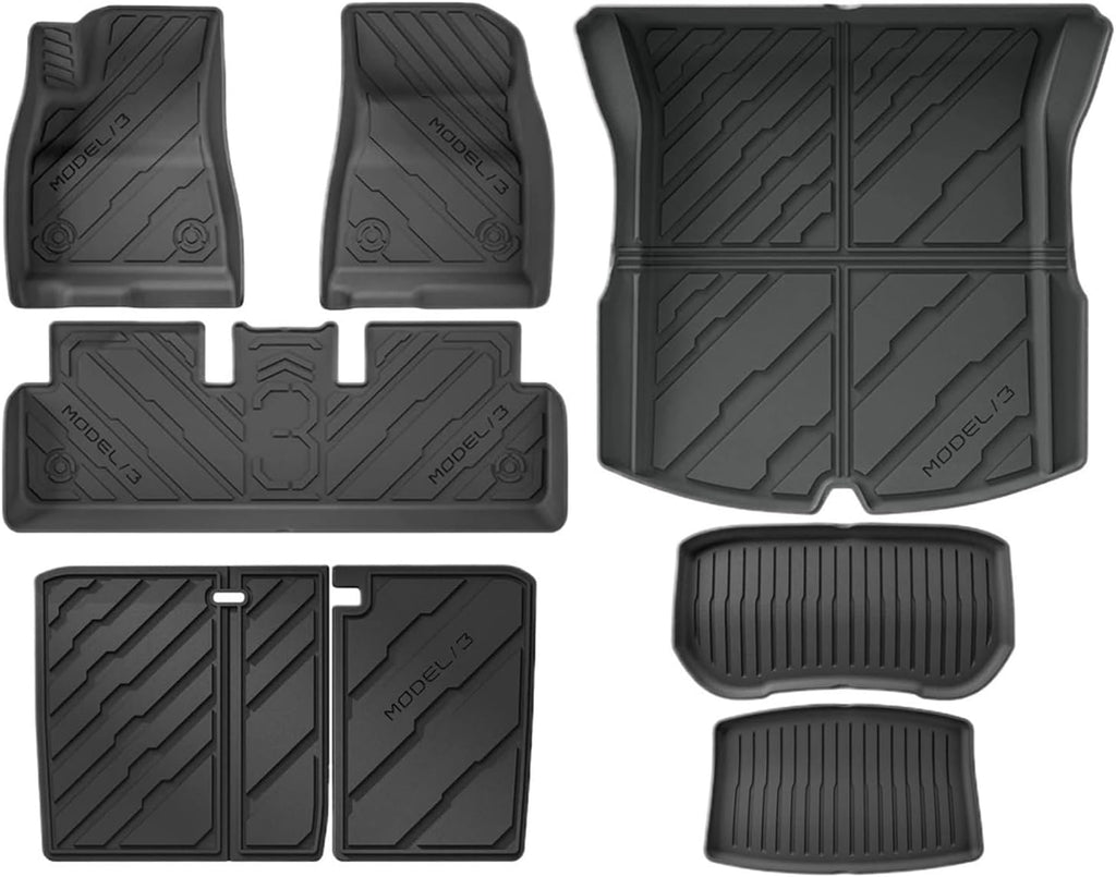 Compatible with Tesla Model 3 Highland 2024 2025+ TPE Floor Mats & Cargo Liner, 3D Cyber Style Waterproof Anti-Slip Trunk Mat Backrest Mats(8PCS LHD Set)