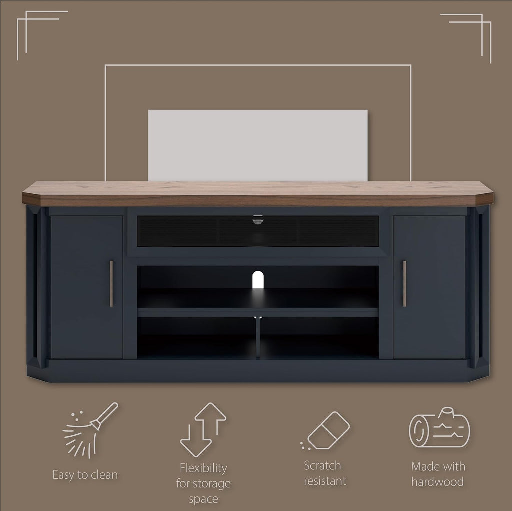 Signature Design by Ashley Landocken Contemporary 83' TV Stand for TVs up to 95' with Fireplace Option, 2 Cabinets, 2 Doors, 2 Adjustable Shelves, Open Cubbies and Cord Openings, Dark Brown & Blue