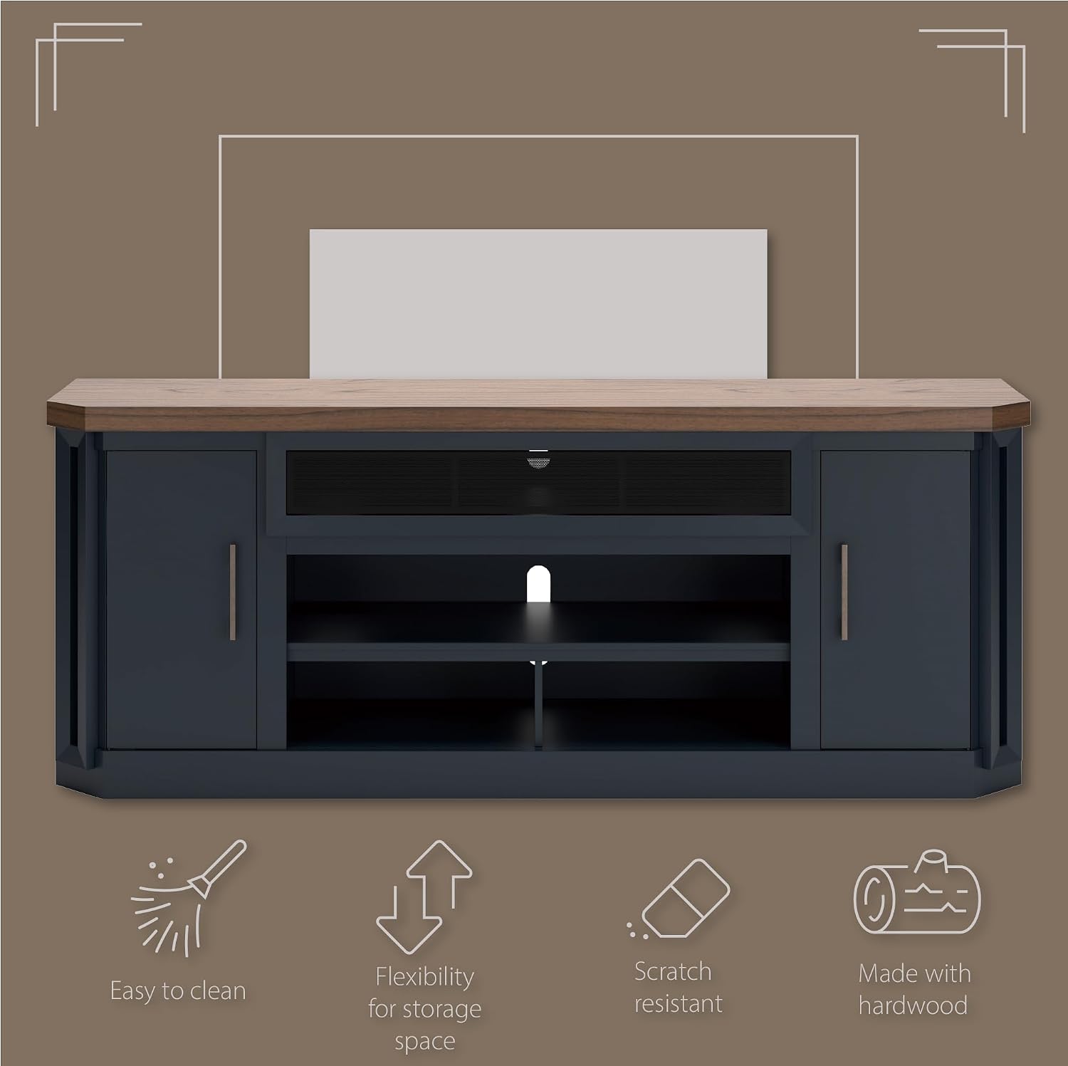 Signature Design by Ashley Landocken Contemporary 83' TV Stand for TVs up to 95' with Fireplace Option, 2 Cabinets, 2 Doors, 2 Adjustable Shelves, Open Cubbies and Cord Openings, Dark Brown & Blue