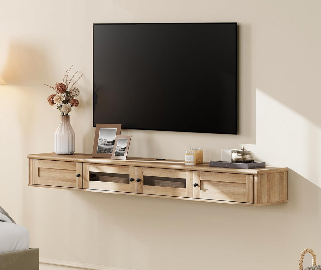 WAMPAT Floating TV Stand for TVs up to 80 Inches, Wooden Wall-Mounted TV Shelf with Charging Station, Modern Floating Entertainment Center for Living Room Decor, Oak