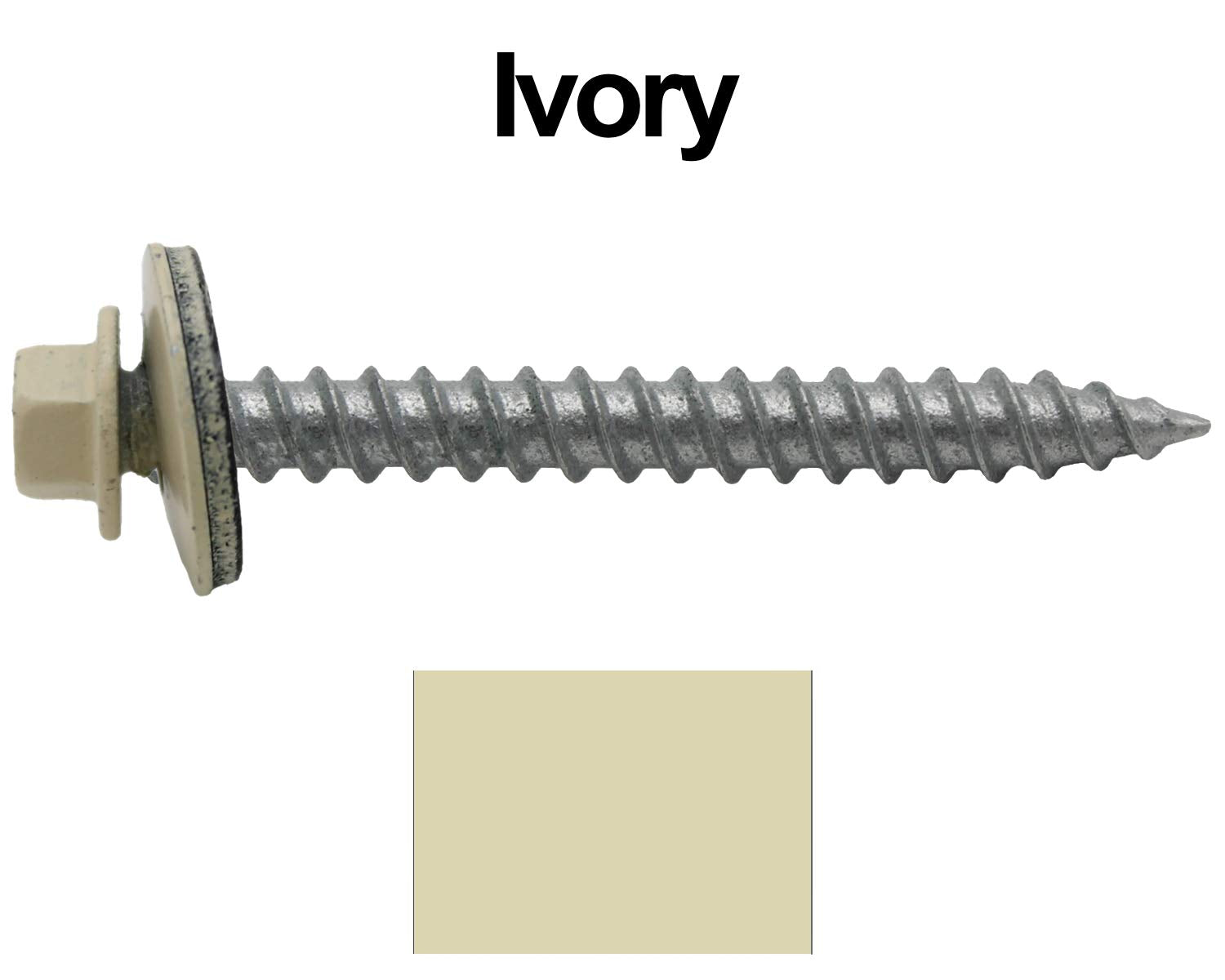 12 x 2 Ivory Metal Roofing Screws - Hex Washer Head- Self-Starting/Tapping - EPDM Washer. 4 X 250 Bags - 1,000 Screws