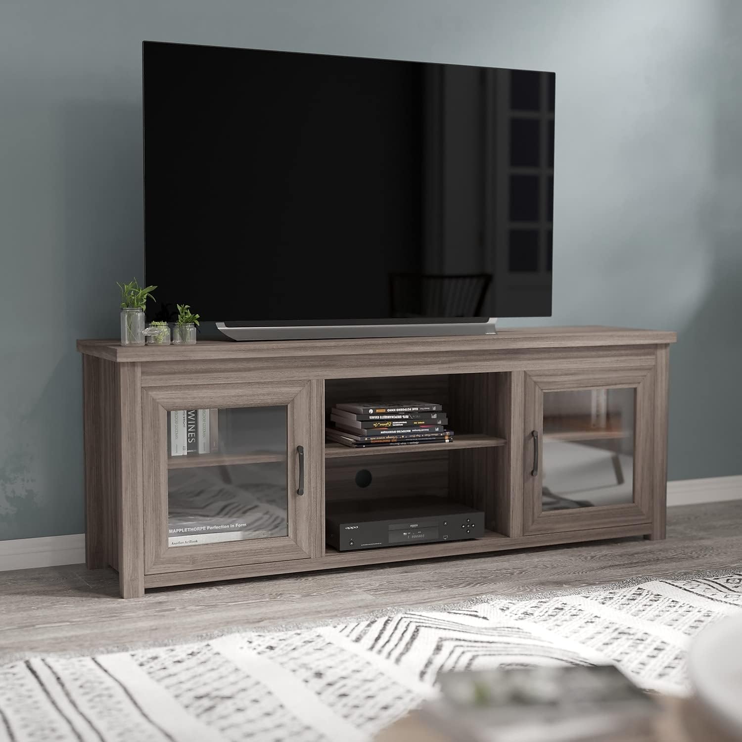 Flash Furniture Sheffield TV Stand for up to 80' TVs - Modern Gray Wash Finish & Full Glass Doors - 65' Engineered Wood Frame - 3 Height Adjustable Shelves