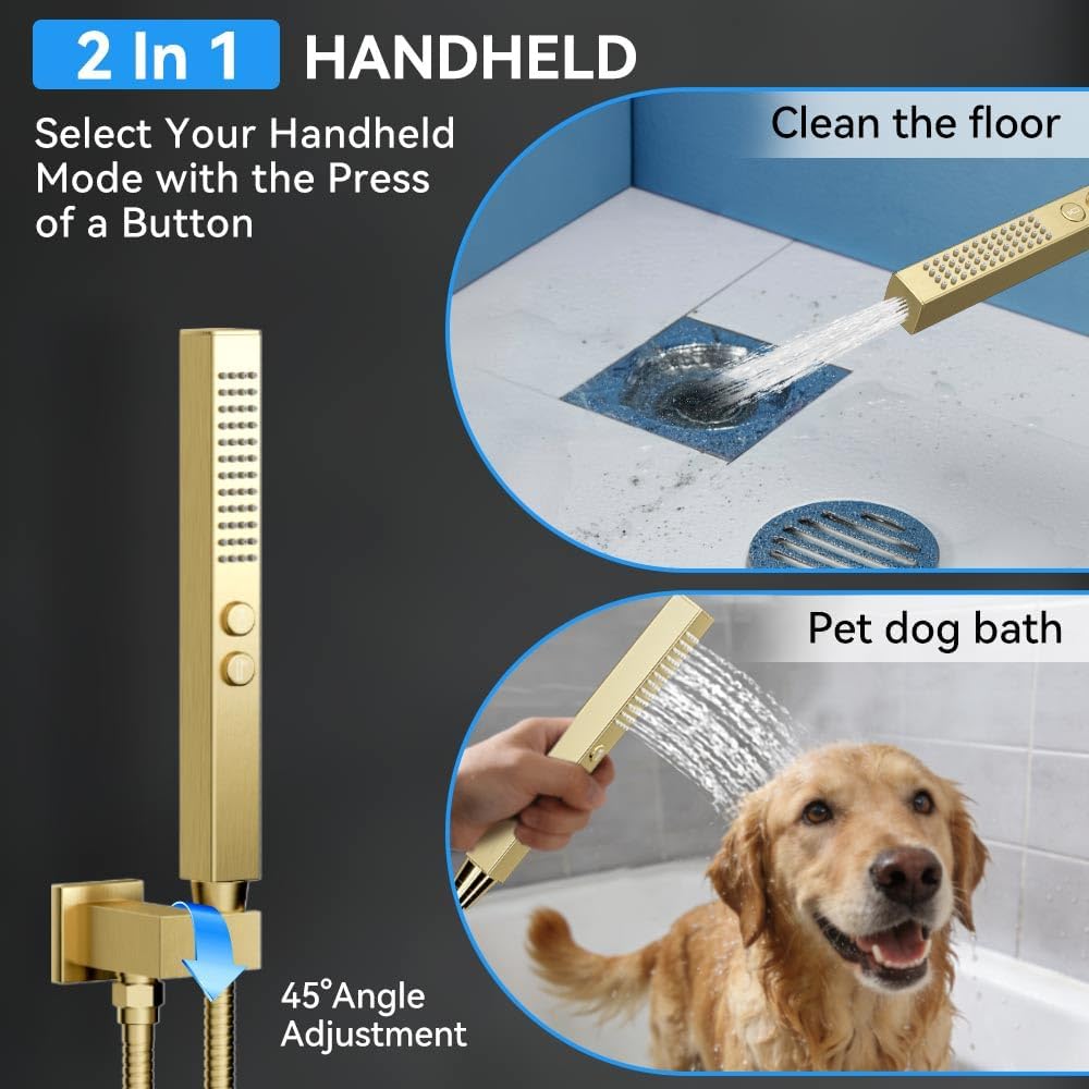 Brushed Gold Shower System with Body Jets, STARBATH 12 Inch Rainfall Shower System and 2 in 1 Handheld Spray Shower Jets System in Wall, Complete Wall Mounted 3 Way Shower Faucet Set with Valve Kit