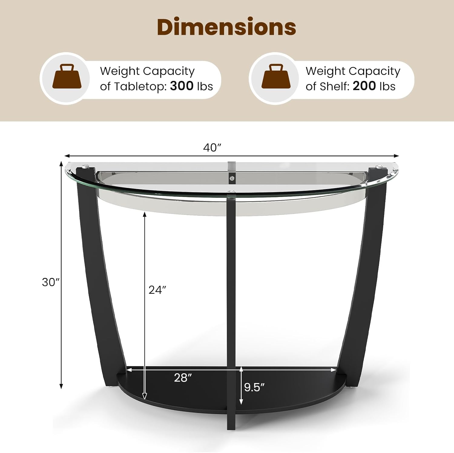 Giantex 2-Tier Glass Console Table, Half Moon Modern Entryway Table with Tempered Glass Top & Open Storage Shelf, Narrow Long Sofa Table for Living Room, Hallway, Foyer, Entrance (Black)