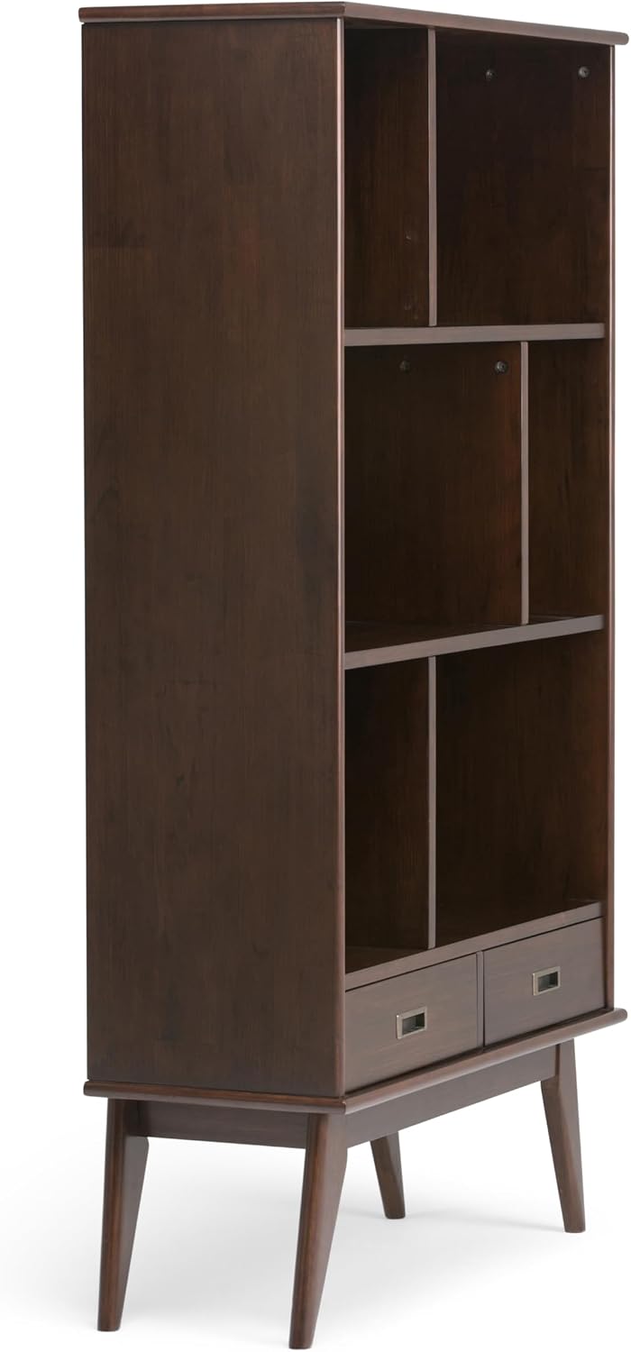 SIMPLIHOME Draper Bookcase - 64 inch Tall Solid Wood Wide Storage Bookshelf in Medium Auburn Brown, Mid-Century Modern Storage for Living Room or Office with Adjustable Shelves and Tapered Legs