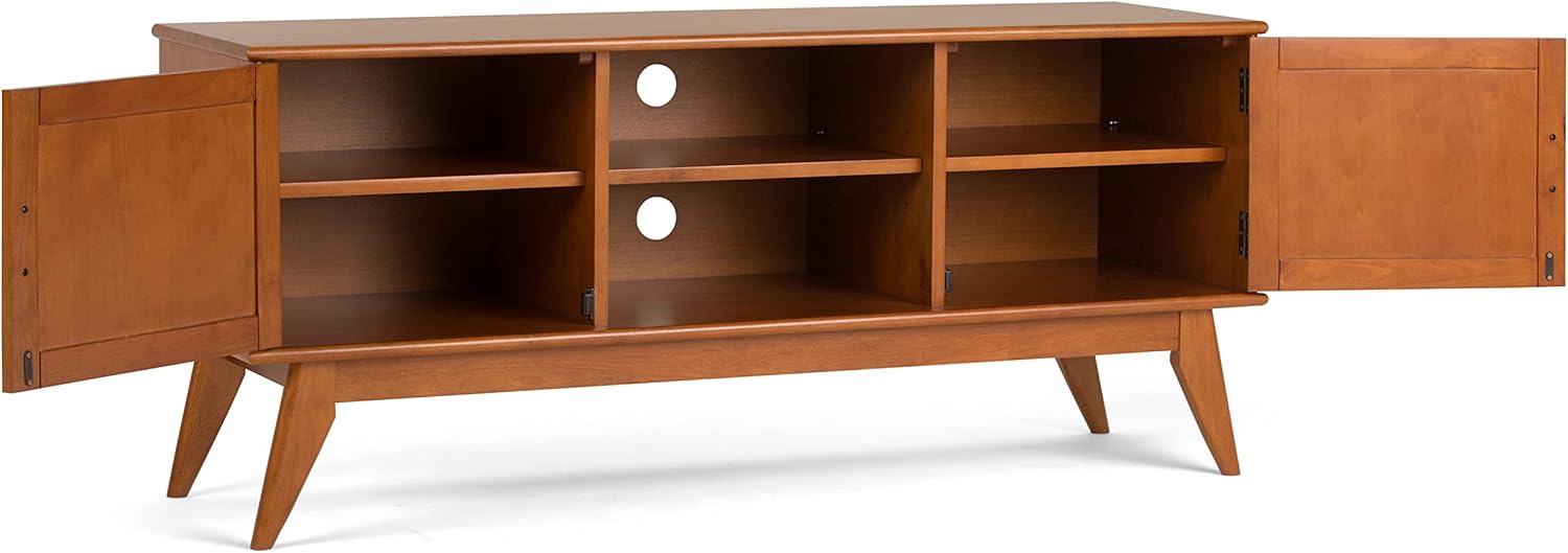 SIMPLIHOME Draper TV Stand - 60 inch Wide Solid Wood Low Media Console in Teak Brown, Mid Century Modern Entertainment Center for Living Room for TVs up to 65 Inches with Cabinets and Cable Management