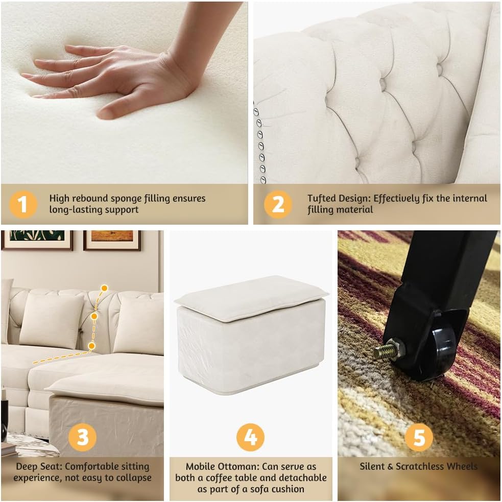 89' King Size Sleeper Sofa Bed, 3-in-1 Convertible Pull Out Chesterfield Sleeper Couch with Ottoman, Oversized Velvet Button Tufted L Shaped Sofa for Living Room Small Spaces, Beige White