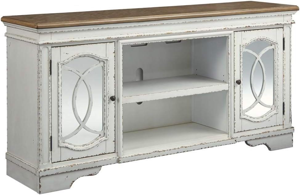 Signature Design by Ashley Realyn Farmhouse TV Stand with Fireplace Option Fits TVs up to 72', 2 Cabinet Doors and Adjustable Storage Shelf, White & Rustic Brown