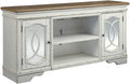 Signature Design by Ashley Realyn Farmhouse TV Stand with Fireplace Option Fits TVs up to 72', 2 Cabinet Doors and Adjustable Storage Shelf, White & Rustic Brown