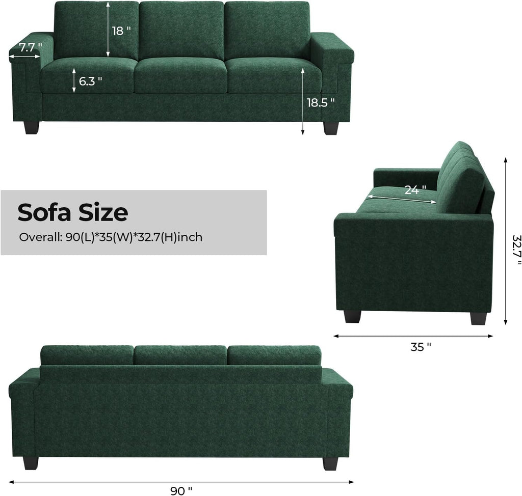 COPIAE 3 Seater Sofa Couch with Deep Seat, 90' Modern Upholstered Sofa with Armrests, Easy Installation, Comfy Couches for Living Room, Apartment, Green