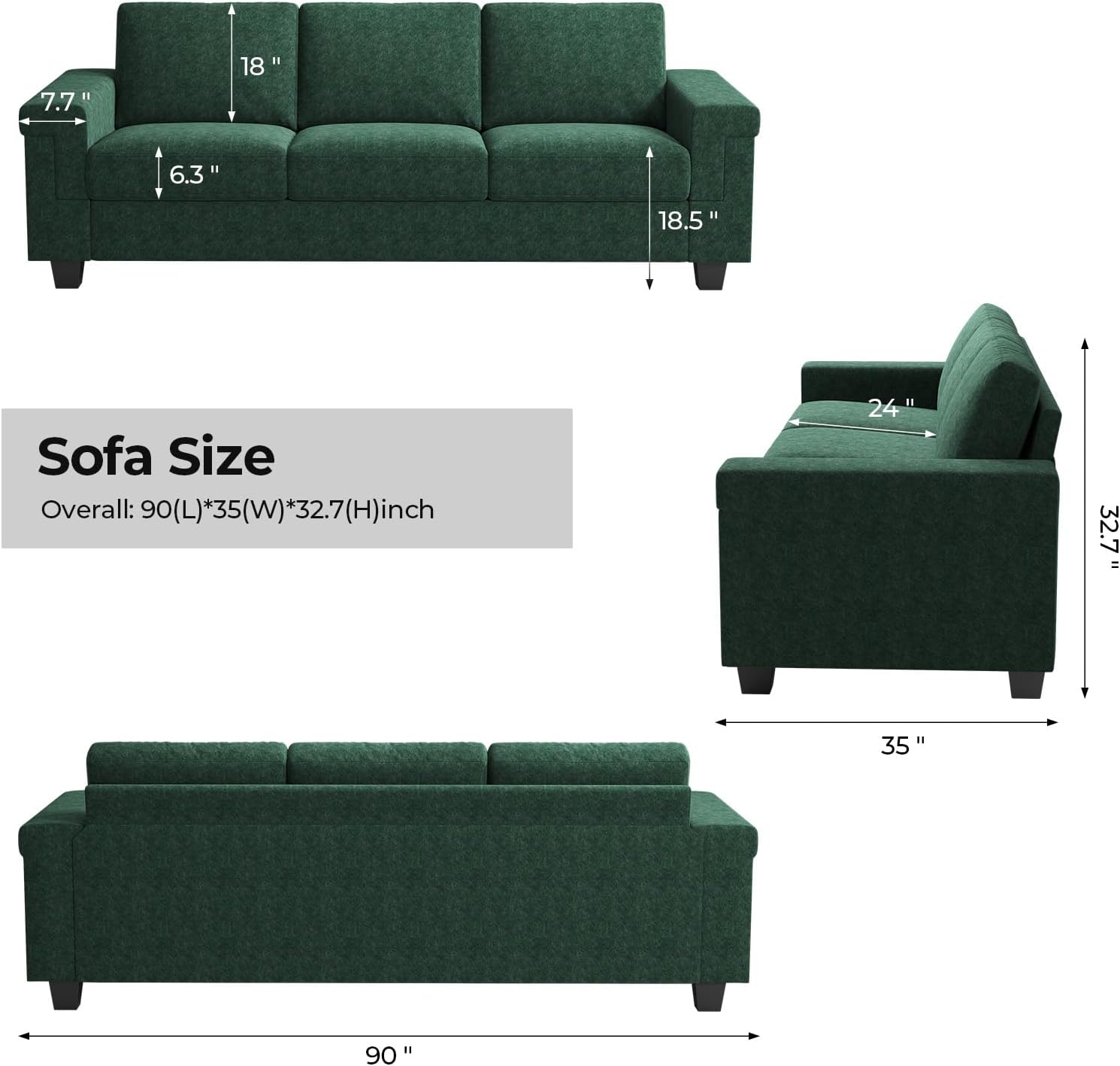 COPIAE 3 Seater Sofa Couch with Deep Seat, 90' Modern Upholstered Sofa with Armrests, Easy Installation, Comfy Couches for Living Room, Apartment, Green