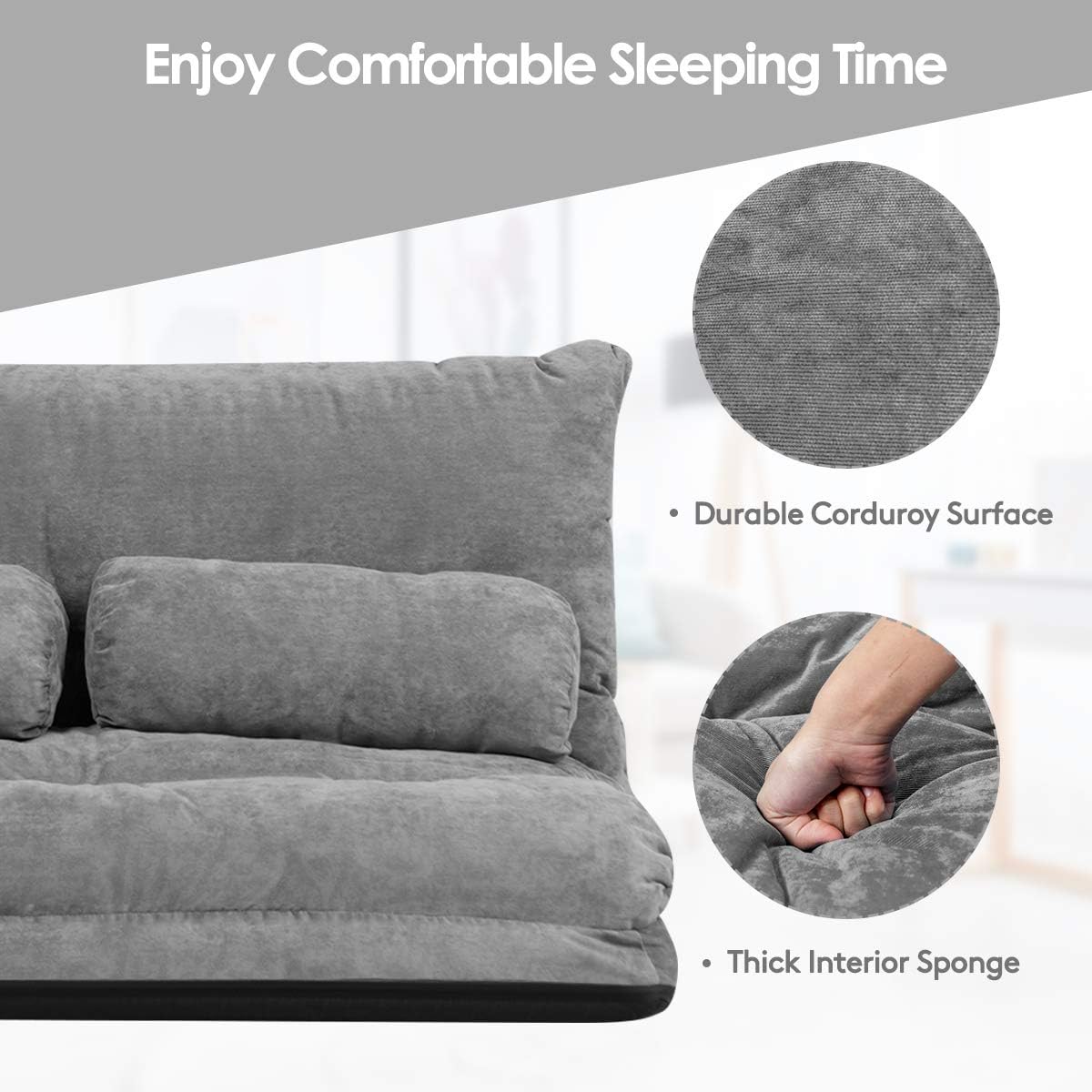 Giantex Adjustable Floor Sofa Couch with 2 Pillows, Multi-Functional 6-Position Foldable Lazy Sofa Sleeper Bed, Multi-Functional Suede Floor Seating Sofa for Reading Gaming (Gray)