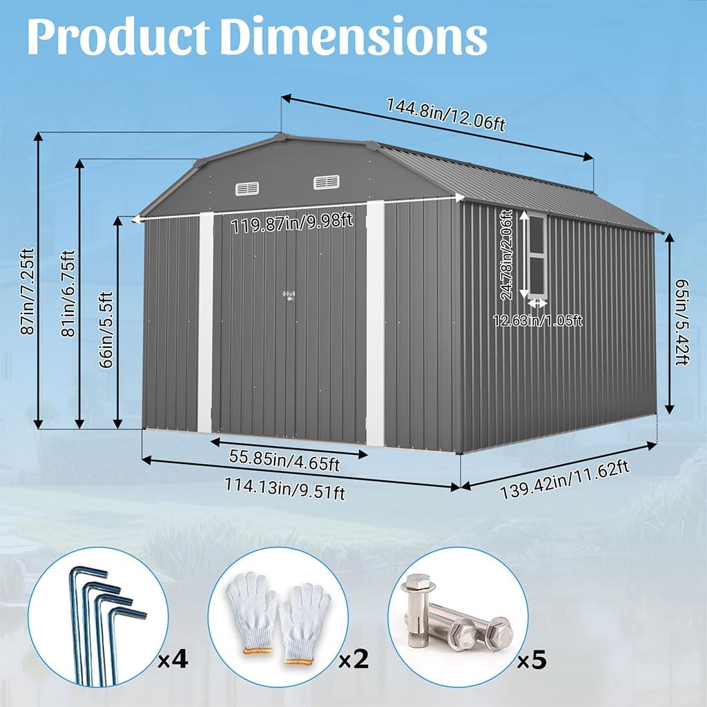 10×12 FT Metal Outdoor Storage Shed with Windows & Vents, Heavy-Duty Steel Garden Shed with Lockable Doors, Waterproof Utility Storage Building with Floor Frame Kit for Backyard, Patio, Lawn,Gray