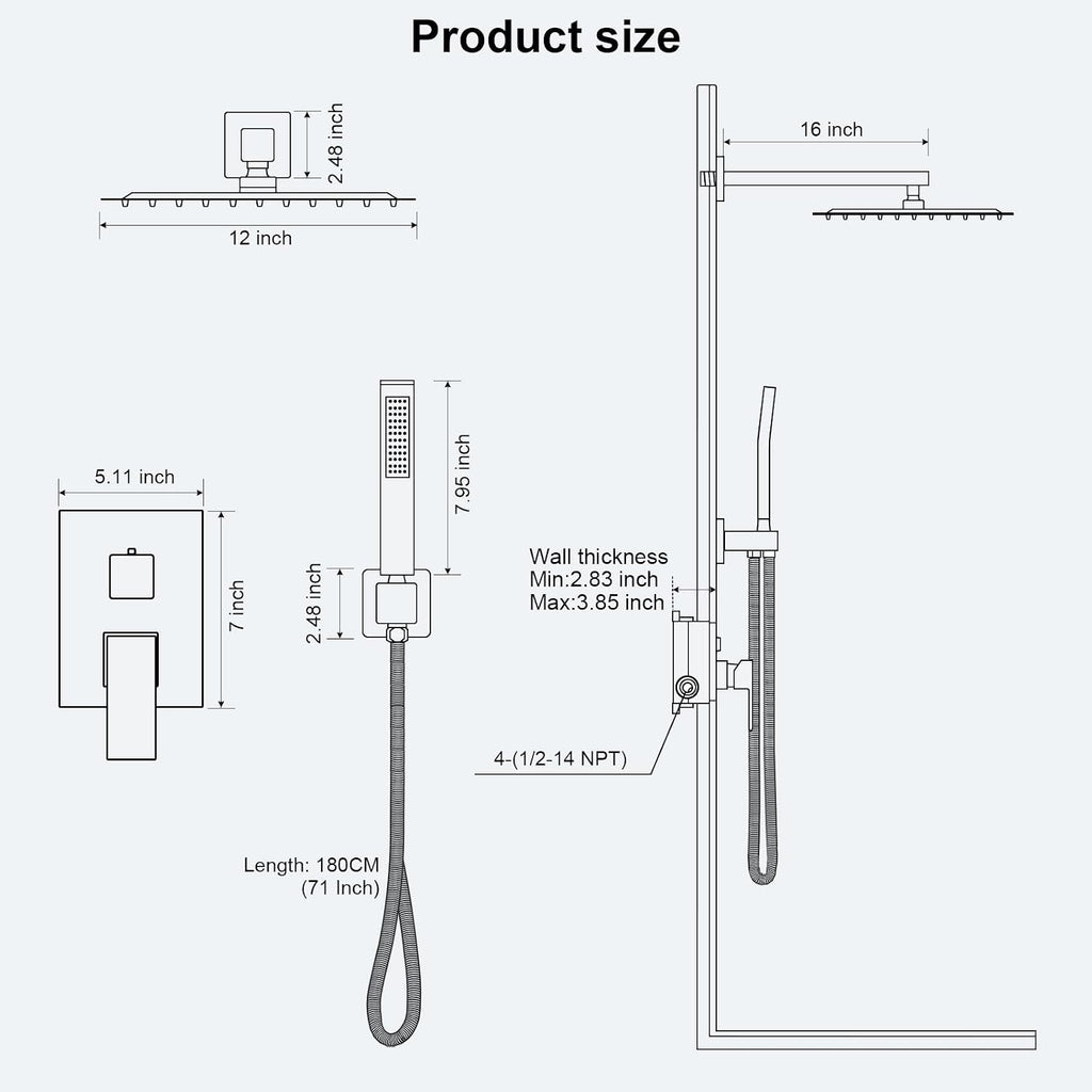 FPXRNG Black Shower Faucet Set, Rainfall Shower System with Square Shower Head and Handle Set, Wall Mounted Shower Fixtures, Full Metal Trim Repair Kit 12 inch Matte Black (With Shower Valve)