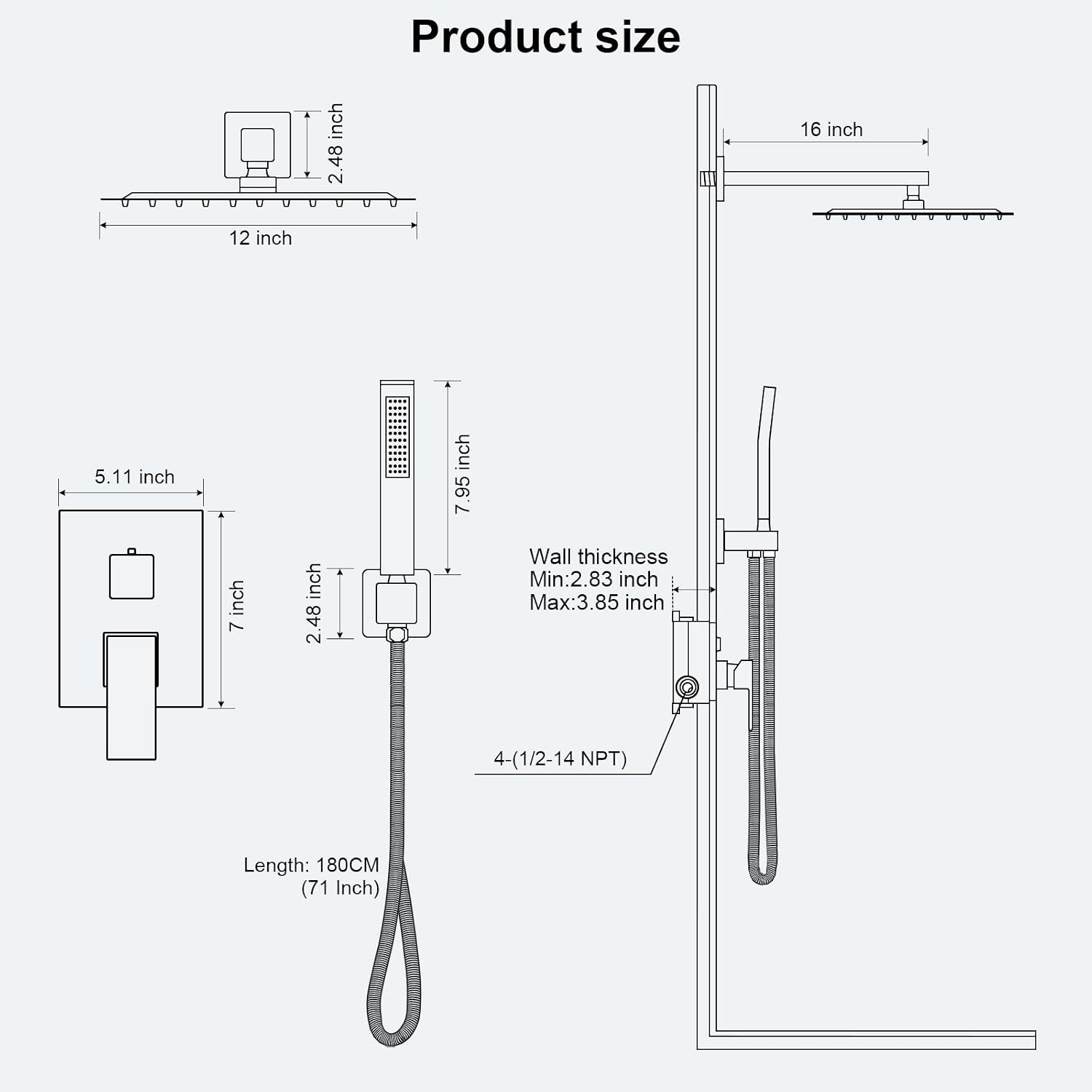 FPXRNG Black Shower Faucet Set, Rainfall Shower System with Square Shower Head and Handle Set, Wall Mounted Shower Fixtures, Full Metal Trim Repair Kit 12 inch Matte Black (With Shower Valve)