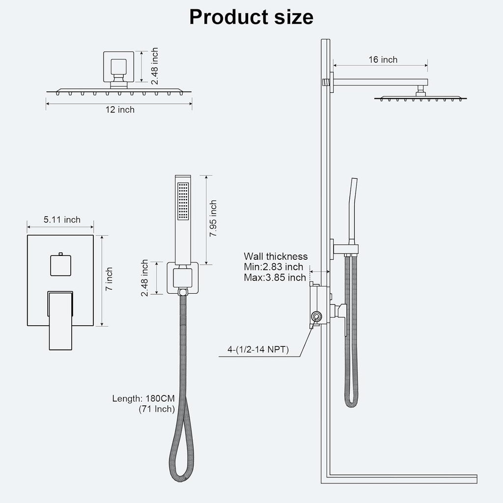 FPXRNG Shower Faucet Set Bathroom Square Rain Shower Head and Handle Set, Wall Mounted Shower Fixtures, Full Metal Trim Repair Kit 12 inch Polished Chrome (With Shower Valve)