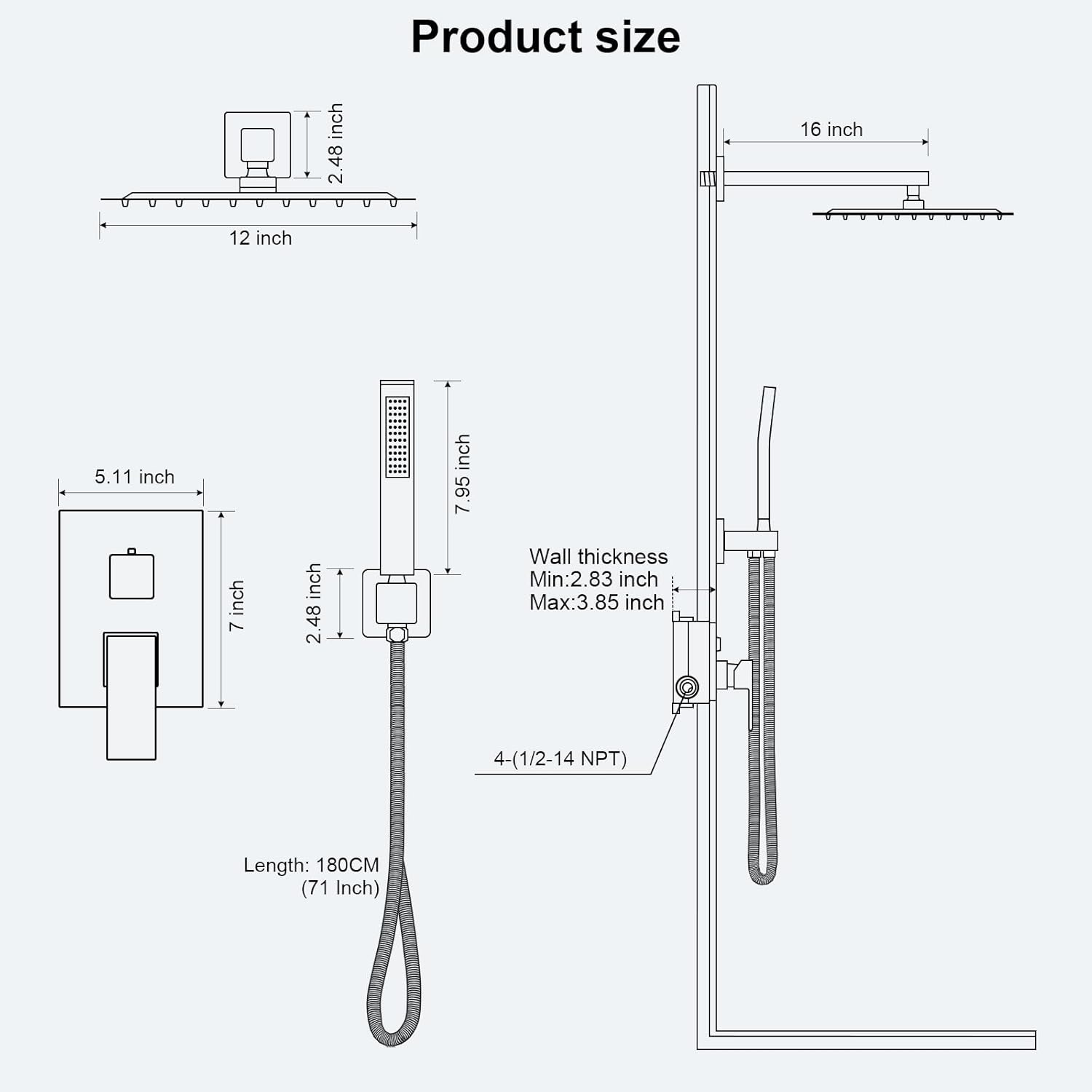 FPXRNG Shower Faucet Set Bathroom Square Rain Shower Head and Handle Set, Wall Mounted Shower Fixtures, Full Metal Trim Repair Kit 12 inch Polished Chrome (With Shower Valve)