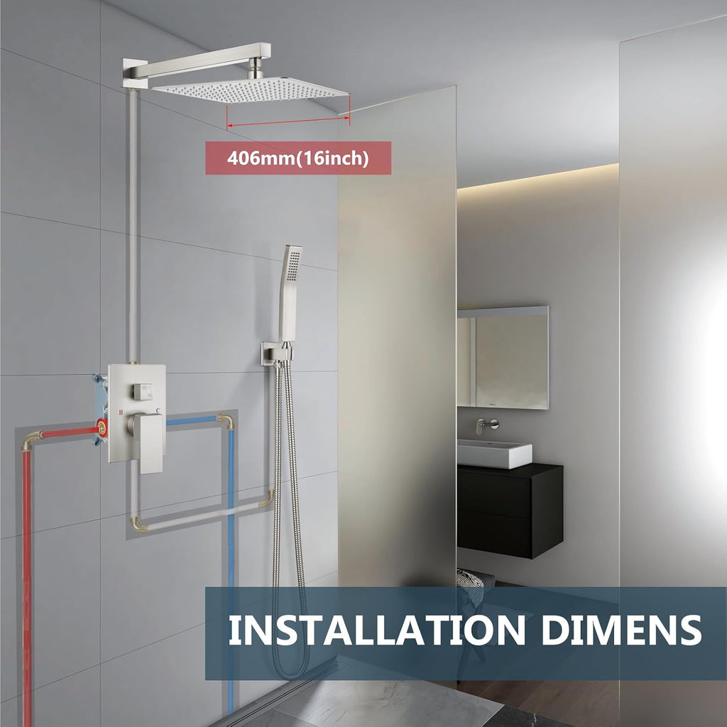 Aolemi Shower Faucet Set Rain Shower System with Handheld Spray Bathroom Shower Combo Rough-in Valve and Shower Trim Kit Included Brushed Nickel 16 Inch Wall Mount Shower Head