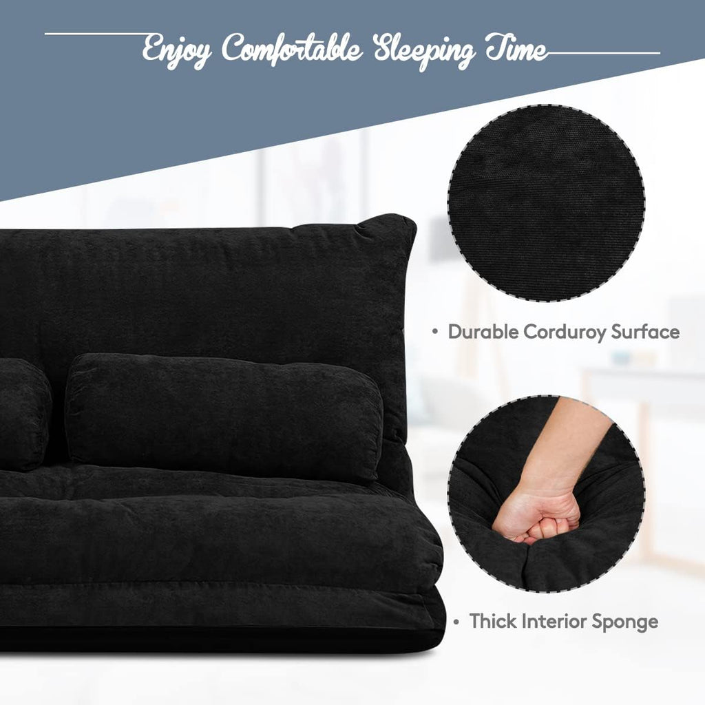 Giantex Adjustable Floor Sofa Couch with 2 Pillows, Multi-Functional 6-Position Foldable Lazy Sofa Sleeper Bed, Multi-Functional Suede Floor Seating for Reading Gaming (Black)