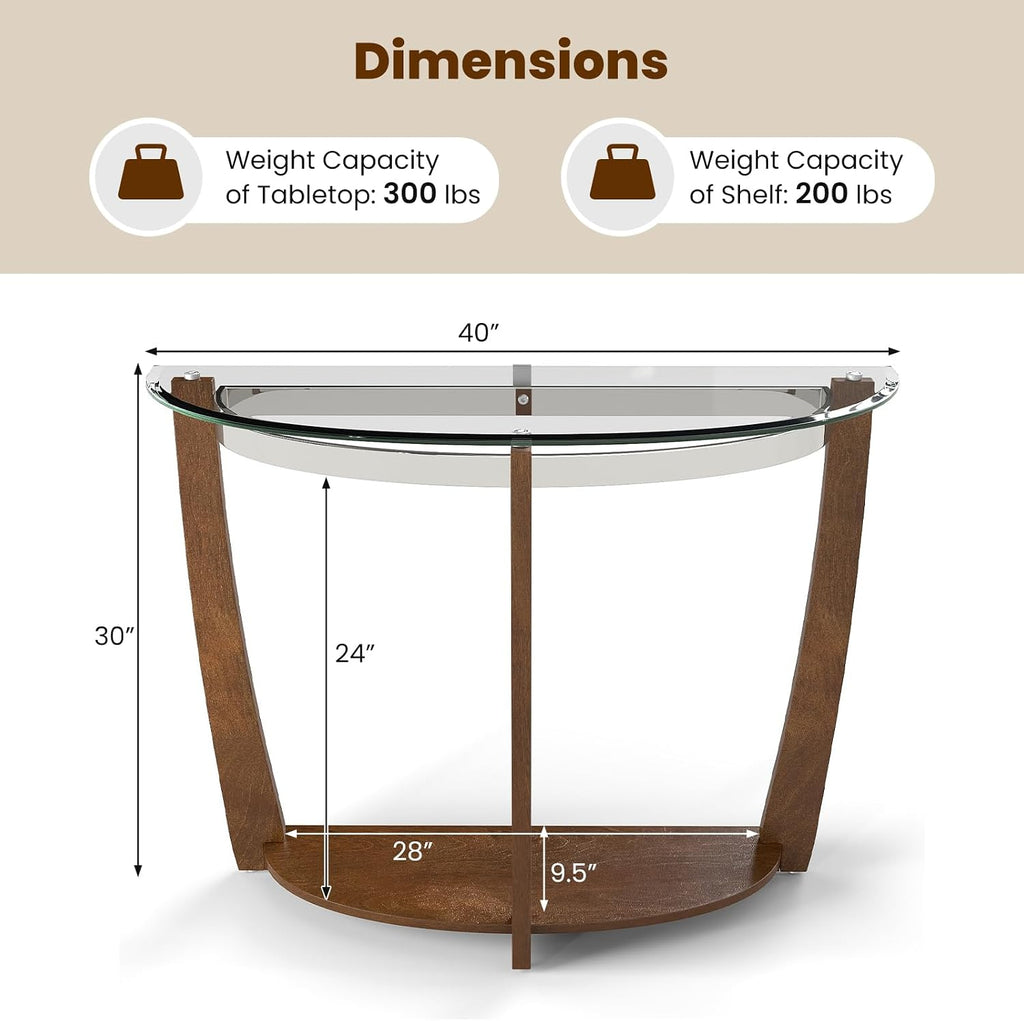Giantex 2-Tier Glass Console Table, Half Moon Modern Entryway Table with Tempered Glass Top & Open Storage Shelf, Narrow Long Sofa Table for Living Room, Hallway, Foyer, Entrance (Walnut)