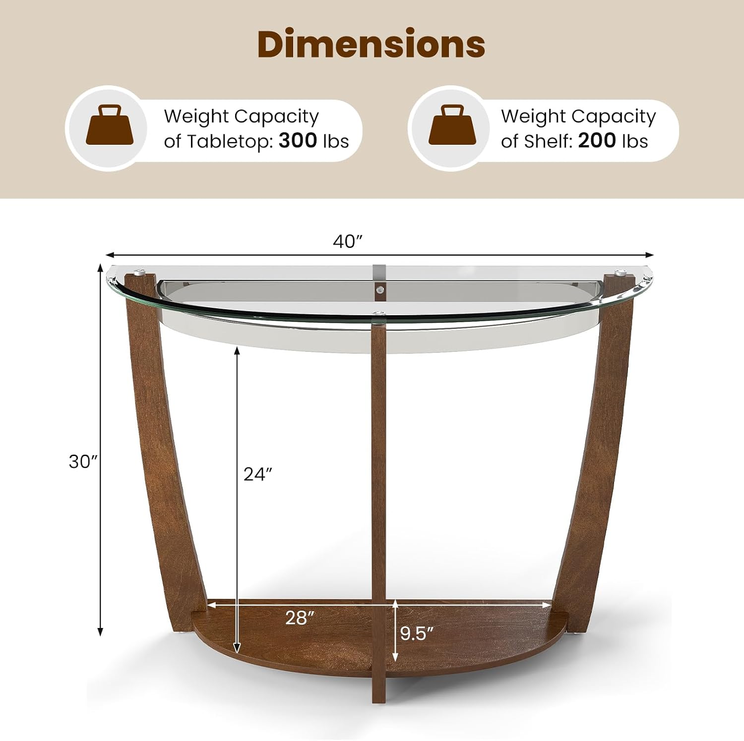 Giantex 2-Tier Glass Console Table, Half Moon Modern Entryway Table with Tempered Glass Top & Open Storage Shelf, Narrow Long Sofa Table for Living Room, Hallway, Foyer, Entrance (Walnut)