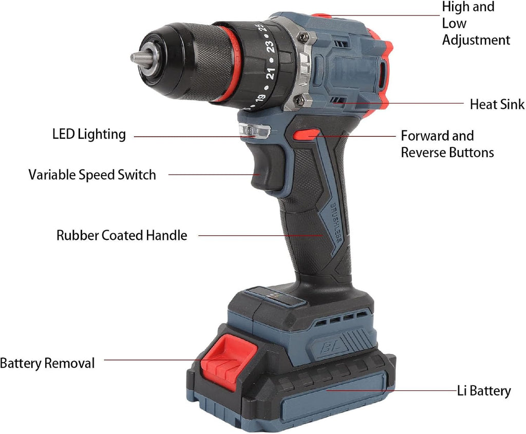 Cordless Drill Tool Set, 20V Brushless Power Drill Li Battery Powered Electric and Set with 25 Torsion Settings 1500RPM LED Light & Battery Indicator for Home (US Plug)