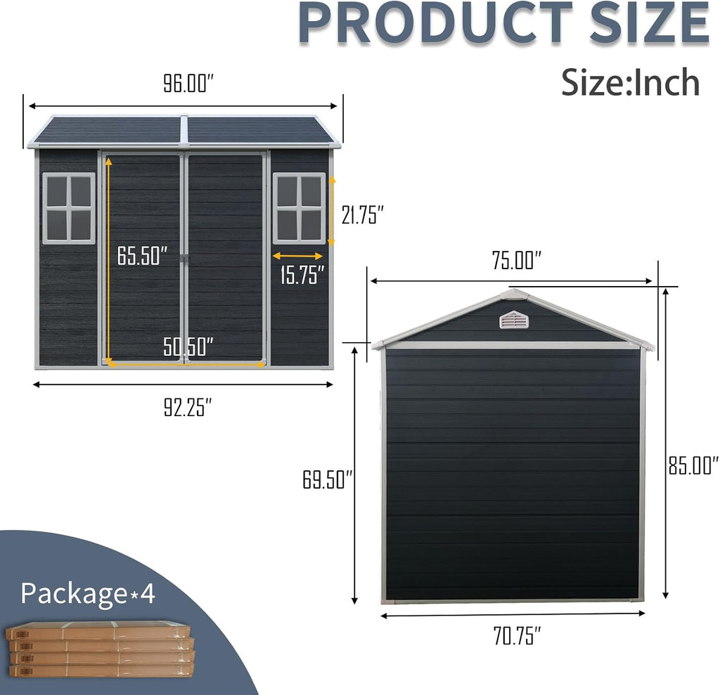 JT 6 x 8 FT Resin Storage Shed, Waterproof Garden Shed with Floor, 2 Windows, Lockable Door and Vent, Outdoor Sheds for Backyard, Tools and Lawn Mower (Black)