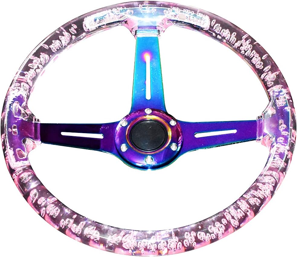 Car Steering Wheel,Universal 350mm/13.8 Inch Steering Wheel Deep Dish 6 Bolt Sports Drifting Steering Wheel with Horn Button and Screws for Most Vehicles,Pink Colorful