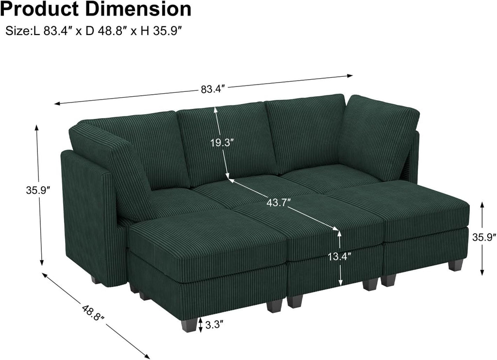 Belffin Modular Sectional Sleeper Sofa with Storage Seat 6 Seat Sectional Sleeper Sofa Bed Corduroy Sectional Couch with Reversible Chaise Green Modular Couch for Living Room