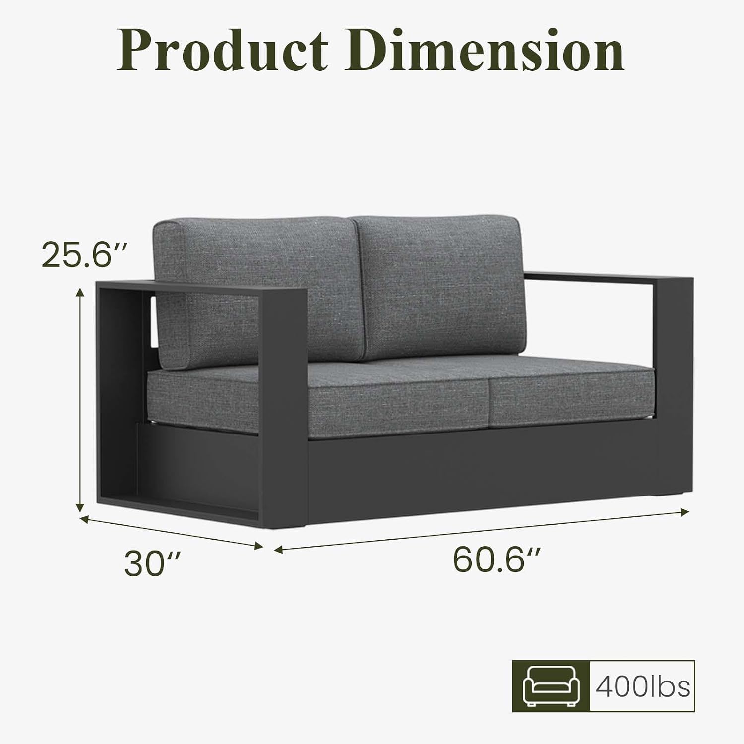 LayinSun Oversized Aluminum Outdoor Furniture, 1 Piece Patio Lovseat Sofa, Deep Seating and Upgraded 6-inch Cushions for Porch, Balcony, Deck