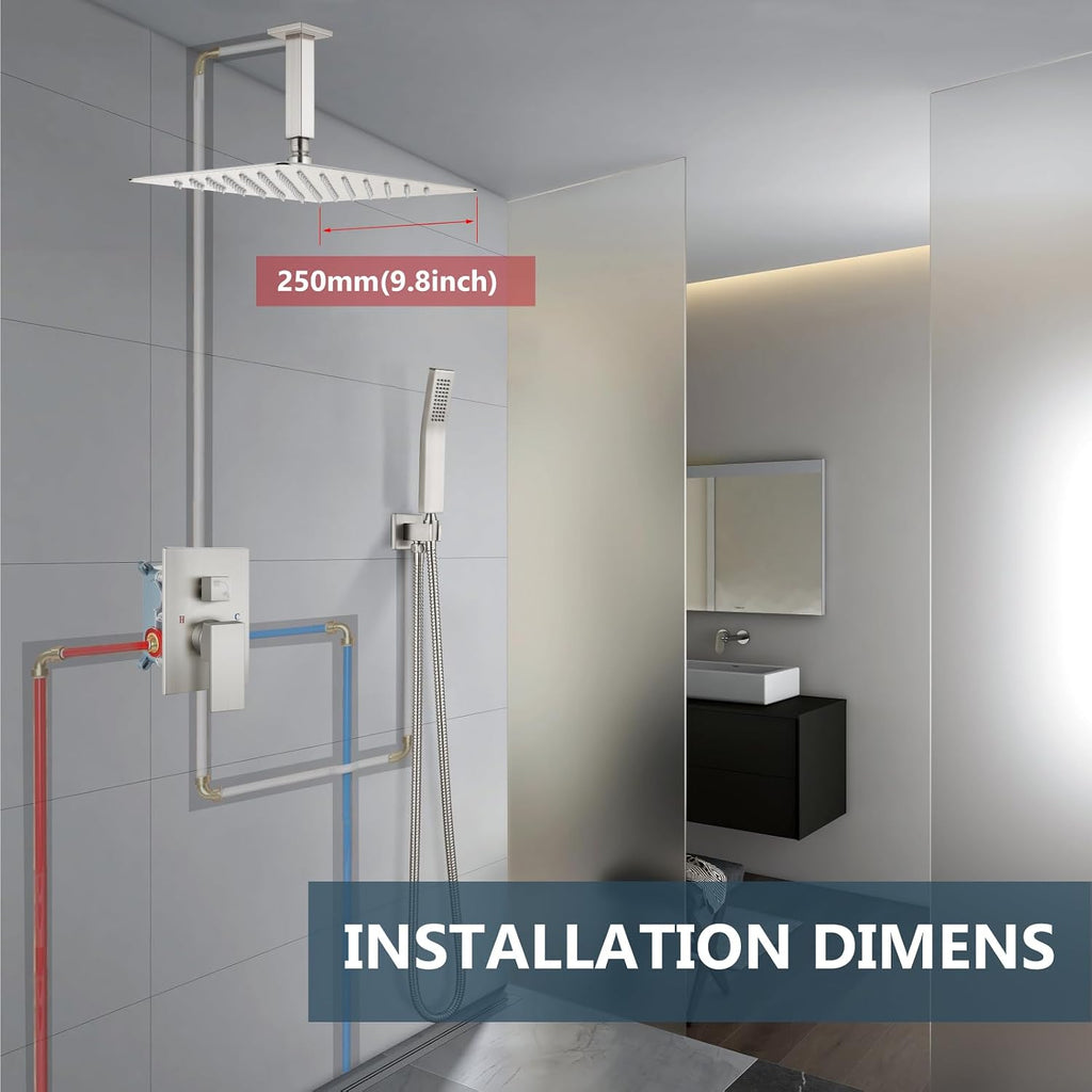 Aolemi Ceiling Mount Shower System Rain Shower Head with Handheld Spray High Pressure Shower Faucet Set Rough-in Valve Shower Trim Kit Included Bathroom Brushed Nickel 10 Inch Ceiling Shower Head