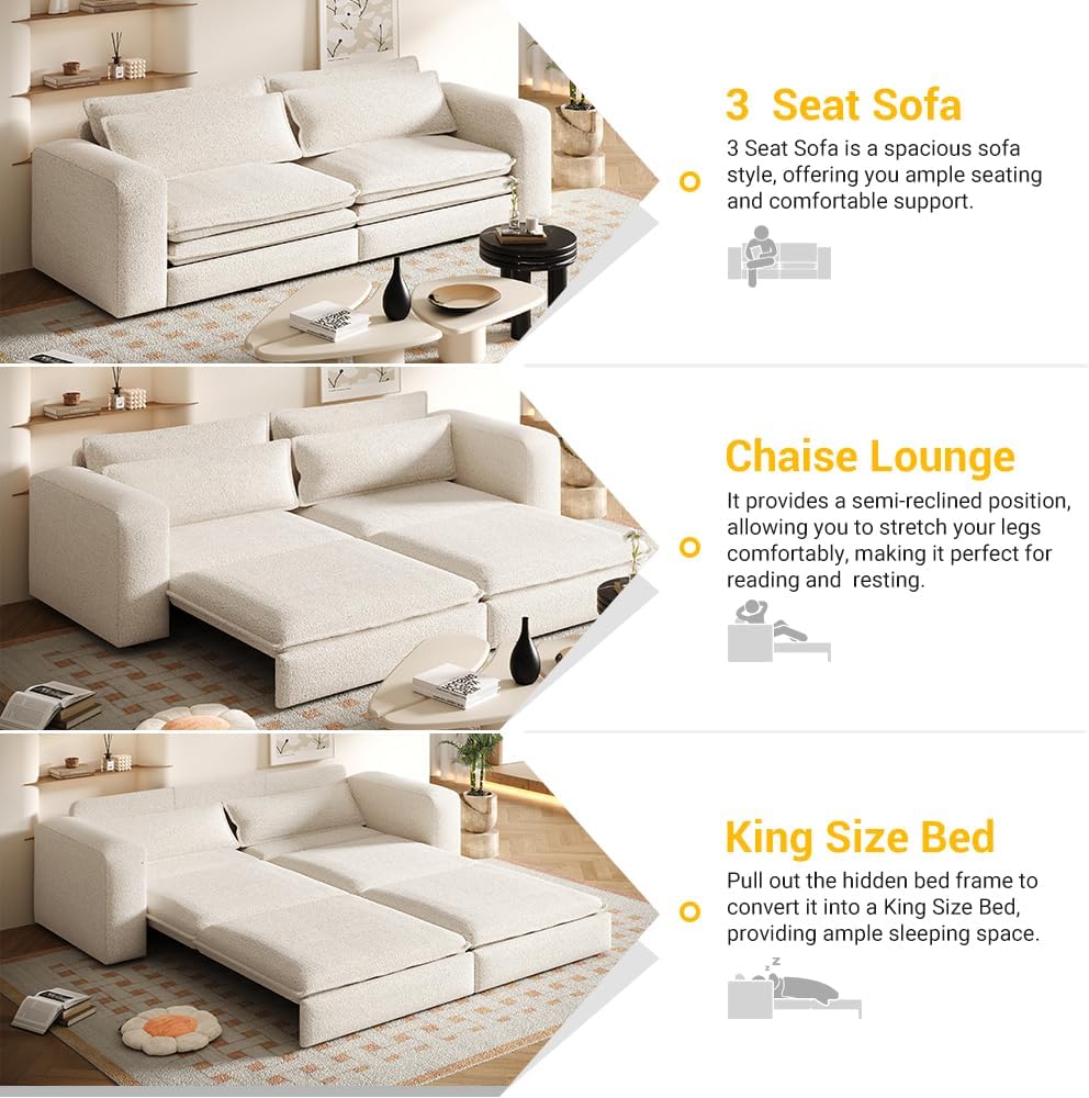 Eafurn 3 in 1 Convertible Pull Out Sleeper Sofa Couch Bed King Size,93' Oversized Recliner Loveseat Chaise Lounge Sofabed Daybed with Thickness Cushions for Living Room Office