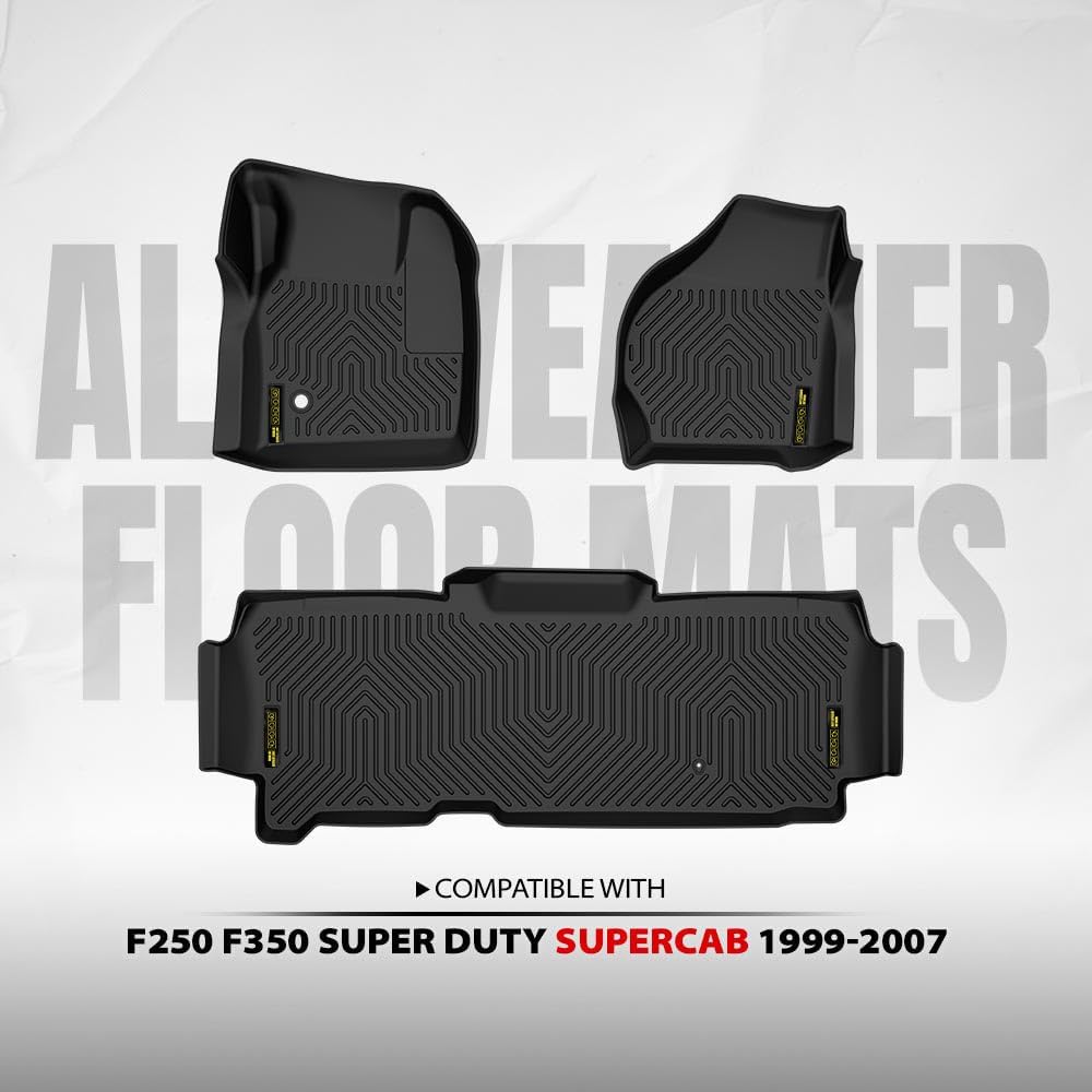 ALLGOOD TPE All Weather Car Floor Mats Compatible with Ford F250 F350 Super Duty Super Cab 1999-2007 3PCS 1st & 2nd Row Floor Liners for Car Black