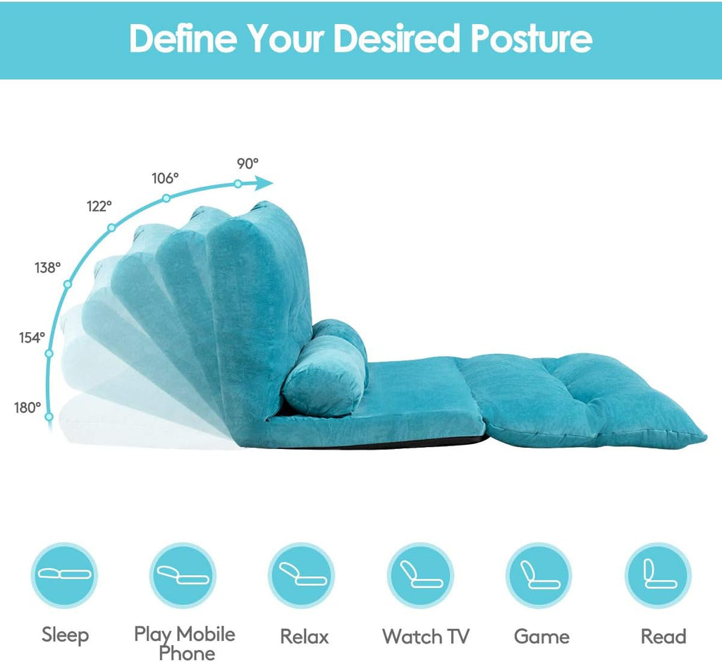 Giantex Adjustable Floor Sofa Couch, Multi-Functional 6-Position Foldable Lazy Sofa Sleeper Bed, Blue, Corduroy, Iron Frame, 70.5' x 42.5' x 7'