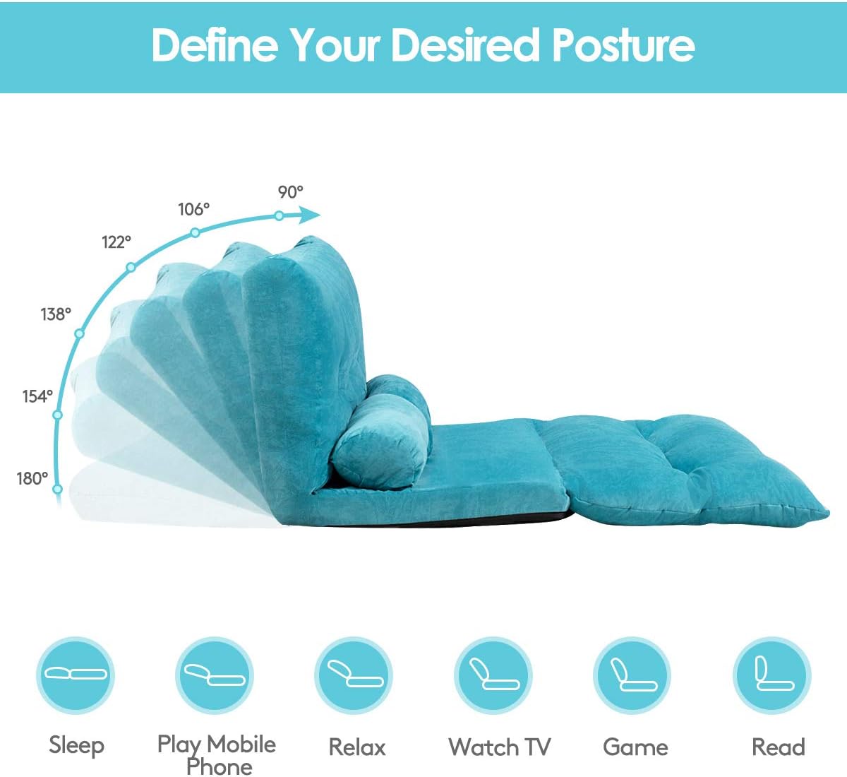 Giantex Adjustable Floor Sofa Couch, Multi-Functional 6-Position Foldable Lazy Sofa Sleeper Bed, Blue, Corduroy, Iron Frame, 70.5' x 42.5' x 7'