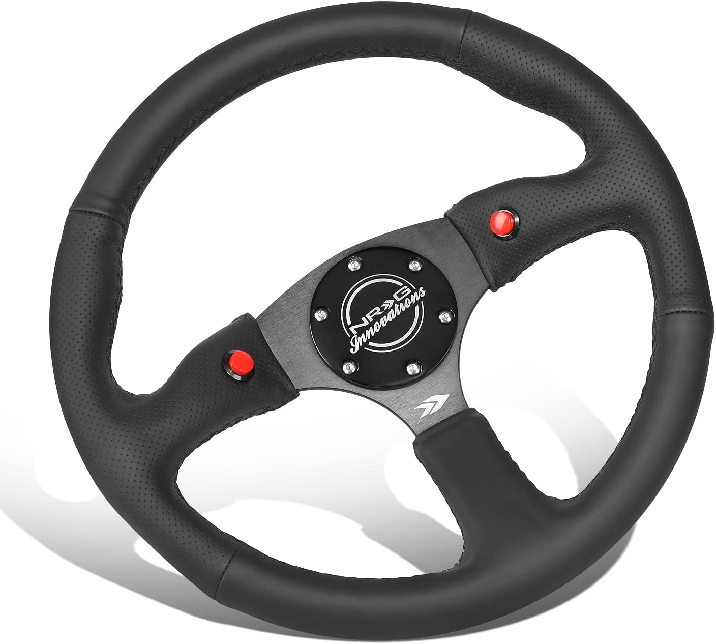 NRG Innovations NRG-RST-023D-R Reinforced Steering Wheel 350mm Sport Leather Racing (2.5' Deep) Comfort Grip, 4mm Matte Black Spoke with Leather Finish and Dual Button