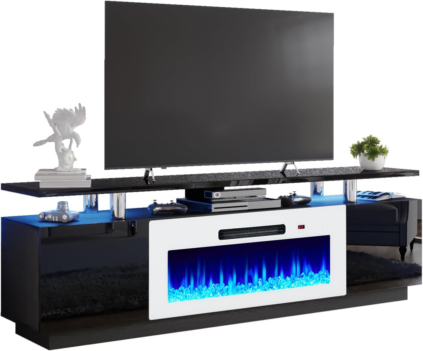 AMERLIFE Fireplace TV Stand with 36' White Fireplace, 70' Modern Fireplace Entertainment Center LED Lights, 2 Tier TV Console Cabinet for TVs Up to 80', Black & White
