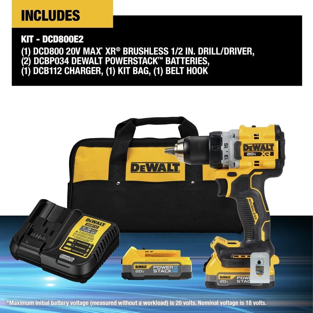 DEWALT 20V MAX XR Cordless Drill Kit, Drill and Driver, 1/2', Batteries, Charger, and Bag Included(DCD800E2)