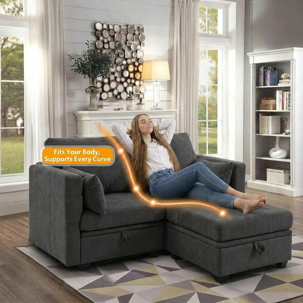 asunflower Loveseat with Ottoman Small Couch with Storage Seats Modular Loveseat Sofa for Small Spaces Convertible L Shaped 2 Seater Sectional Sofa for Office,Bedroom,Dorm(Dark Grey)