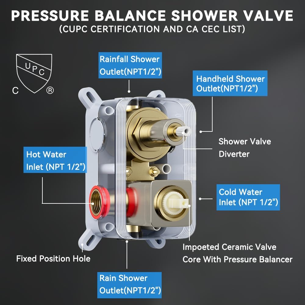 Brushed Nickel Shower System with Body Jets, STARBATH 12 Inch Rainfall Shower and Handheld Spray, Wall Mounted Full Body Shower System Rough-in Mixer Pressure Balance Valve Shower Faucet Set Complete