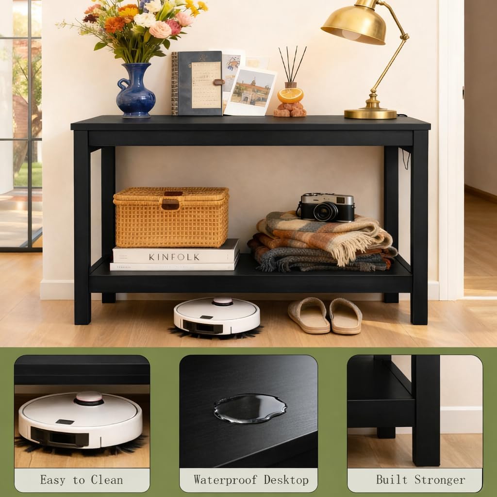 47' Entryway Table, Narrow Console Sofa Table, with Outlets and USB-C Port, Entryway Table with Open Storage, for Living Room, Hallway, Entryway, Foyer, Kitchen Counter, Black