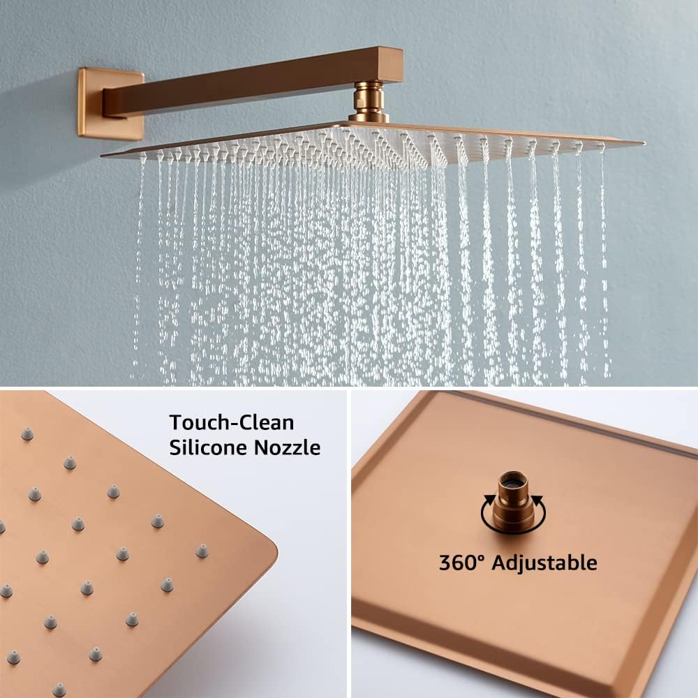 Iriber Brushed Rose Gold Rain Shower System with 12 Inch Shower Head and Handheld Bathroom Wall Mounted Shower Set Contain Shower Faucet Mixer and Trim Kit (Valve Included)
