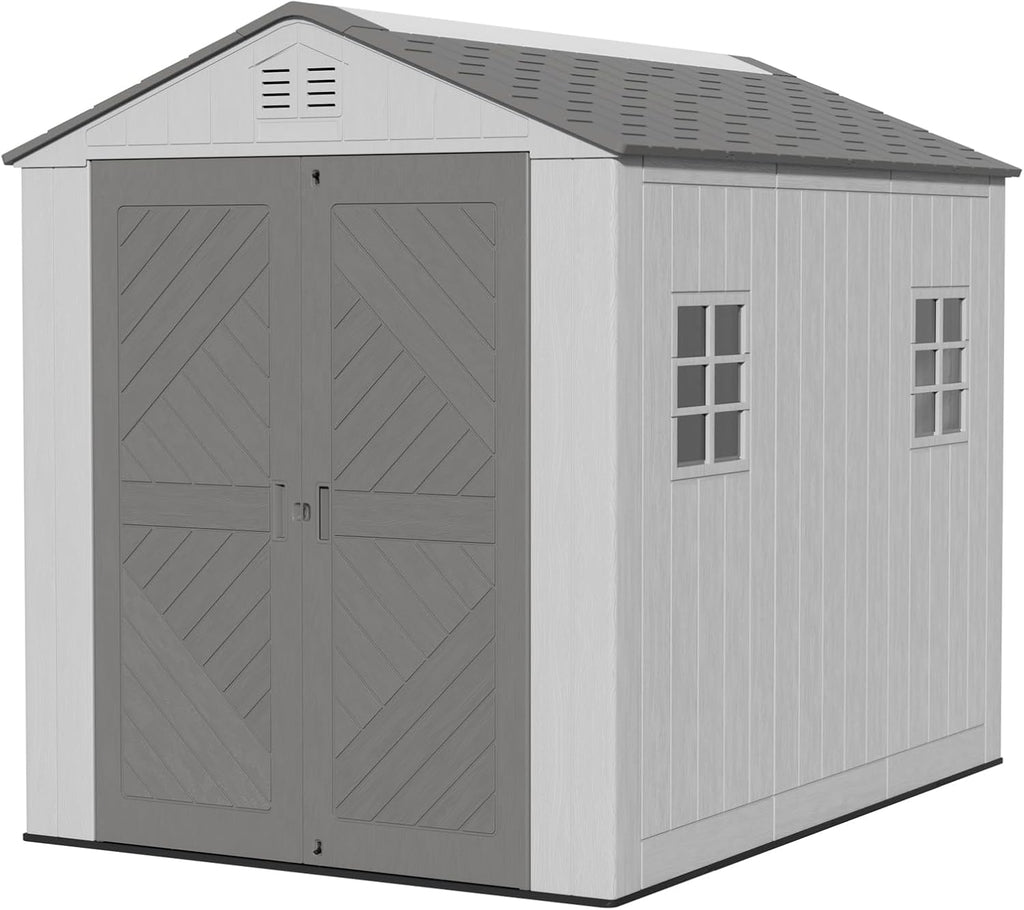 Mrosaa 6x8.6 FT Storage Shed with Floor,HDPE Resin Outdoor Storage Shed Weather Resistant,Lockable Garden Sheds with Windows for Home/Garden Tools/Backyard/Lawn Mower/Bike Storage(Gray)