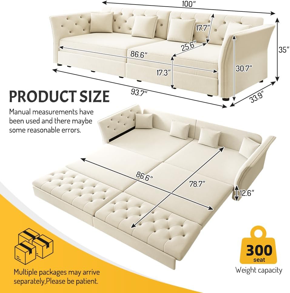 100' King Size Sleeper Sofa Bed, 3-in-1 Convertible Pull Out Chesterfield Sleeper Couch, Oversized Velvet Flower Button Tufted 4-Seat Sofa for Living Room Apartment (Beige White)