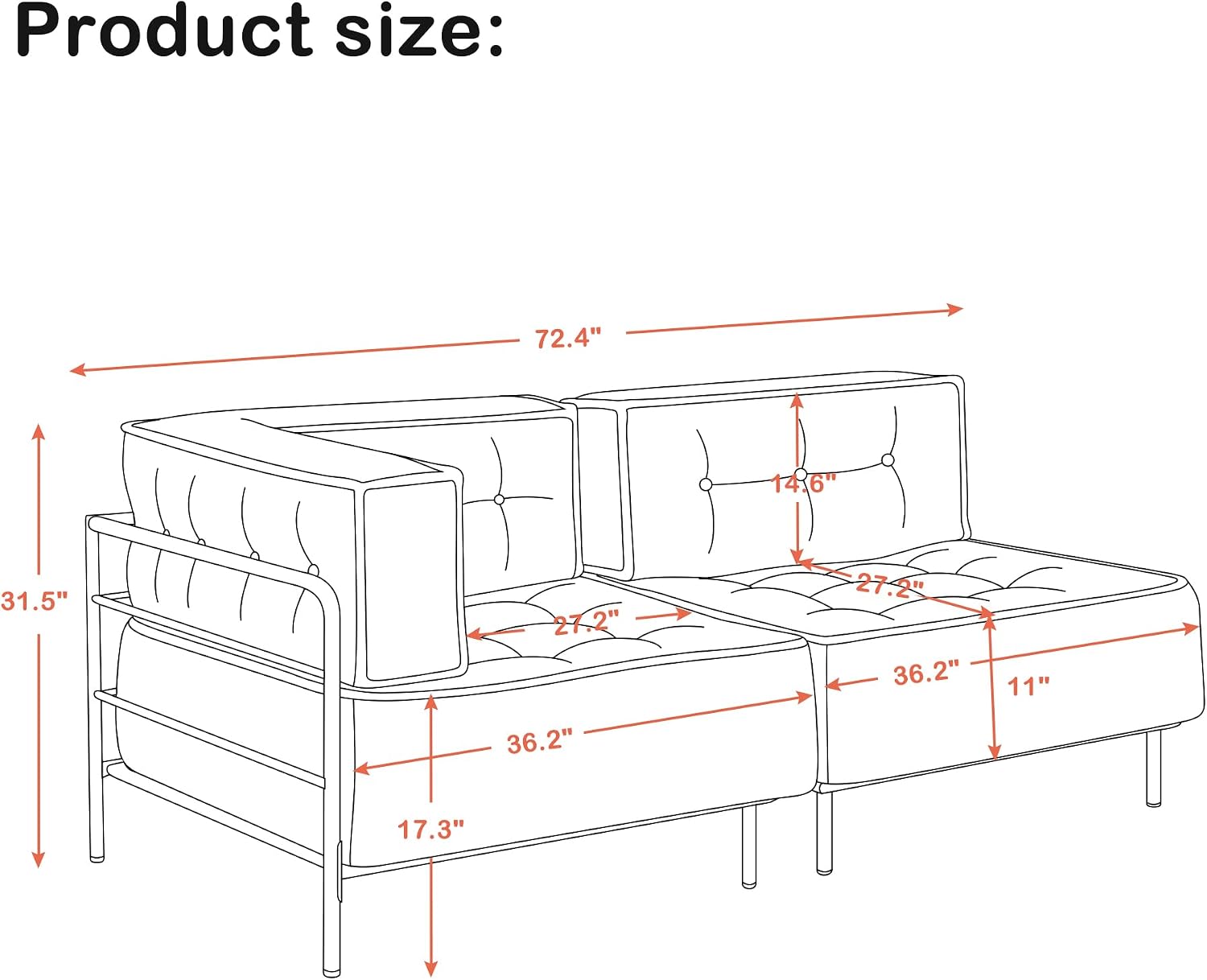 MCombo Modular Sofa Couch with Removable Cushion, Accent Sofa Chair, Upholstered Sofa for Living Room, Apartment, Office (Blue, Two Seats)