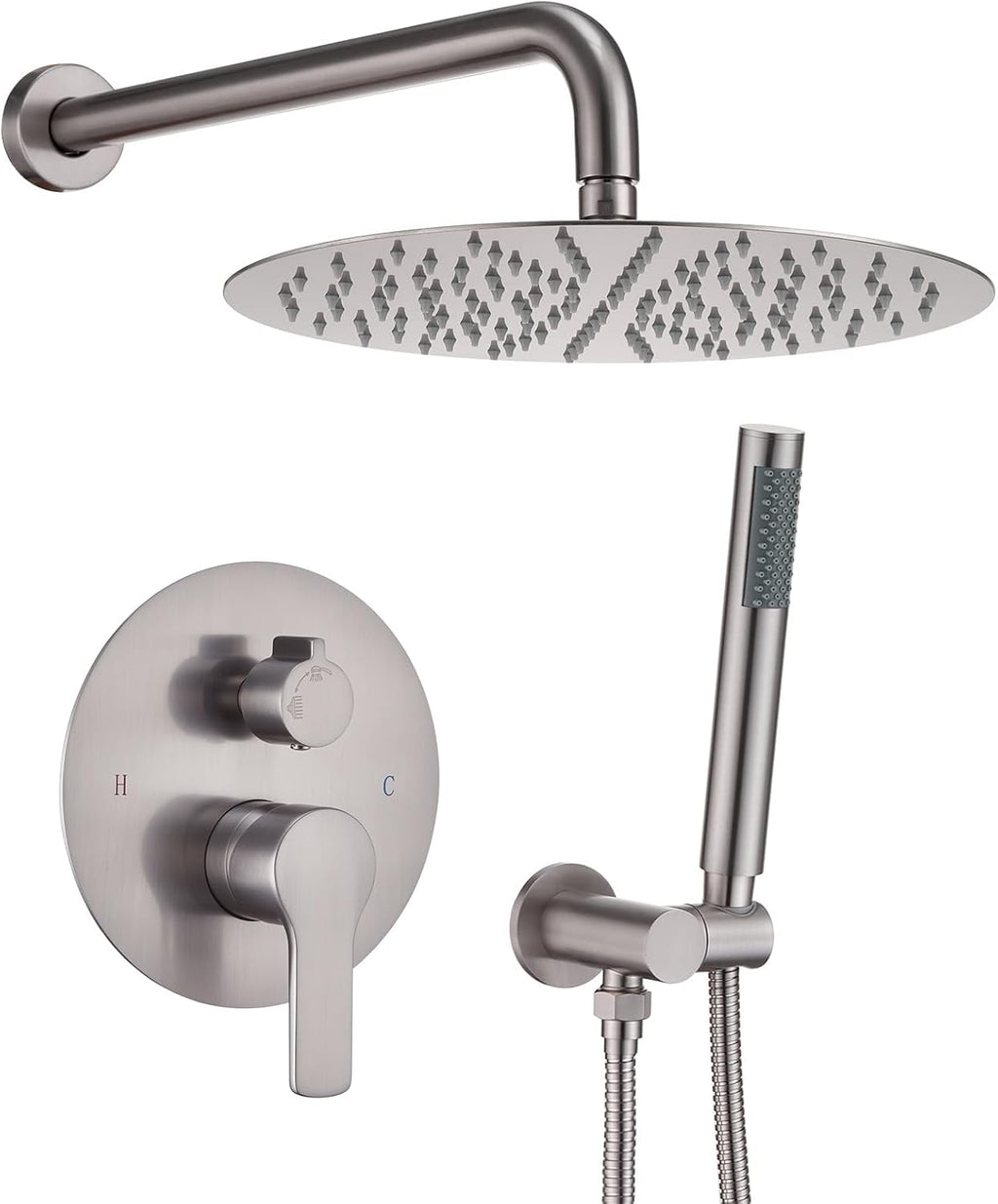 Iriber Brushed Nickel Shower System Wall Mounted Shower Faucet Mixer Set with 12 Inches Rain Shower head and Handheld, Bathroom Shower Trim Kit Contain Pressure Balance Valve