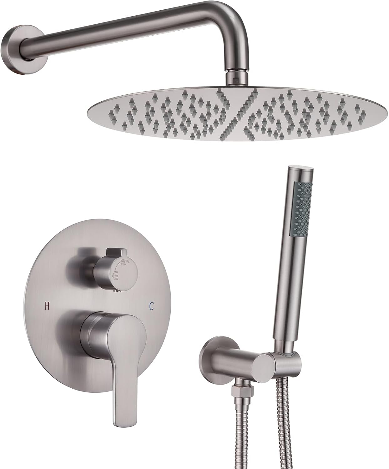Iriber Brushed Nickel Shower System Wall Mounted Shower Faucet Mixer Set with 12 Inches Rain Shower head and Handheld, Bathroom Shower Trim Kit Contain Pressure Balance Valve